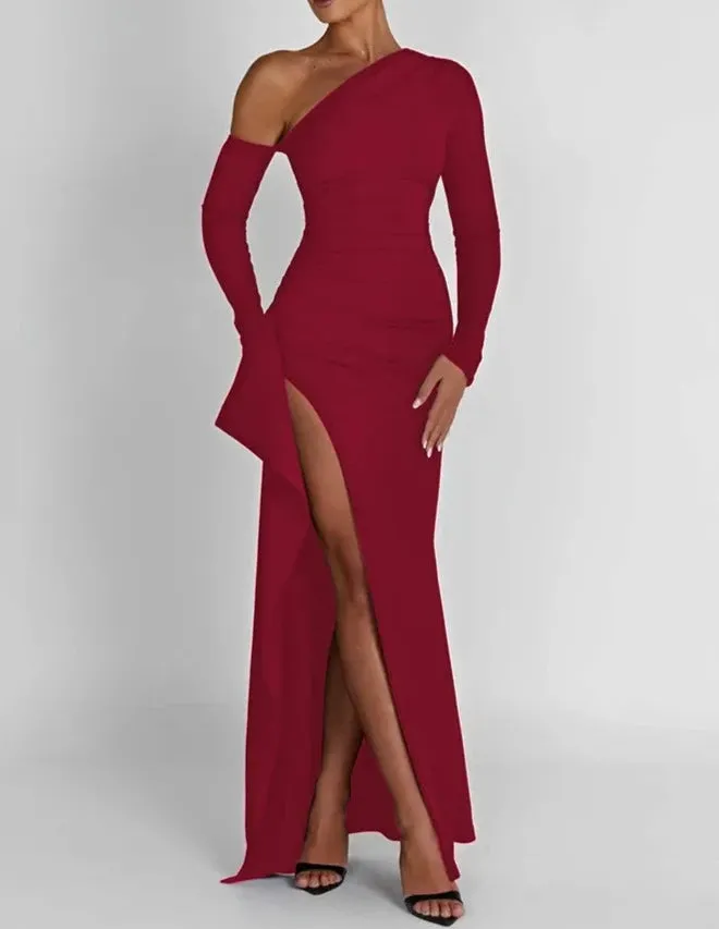 A&A Luxe Oblique Shoulder Thigh High Split Maxi Dress