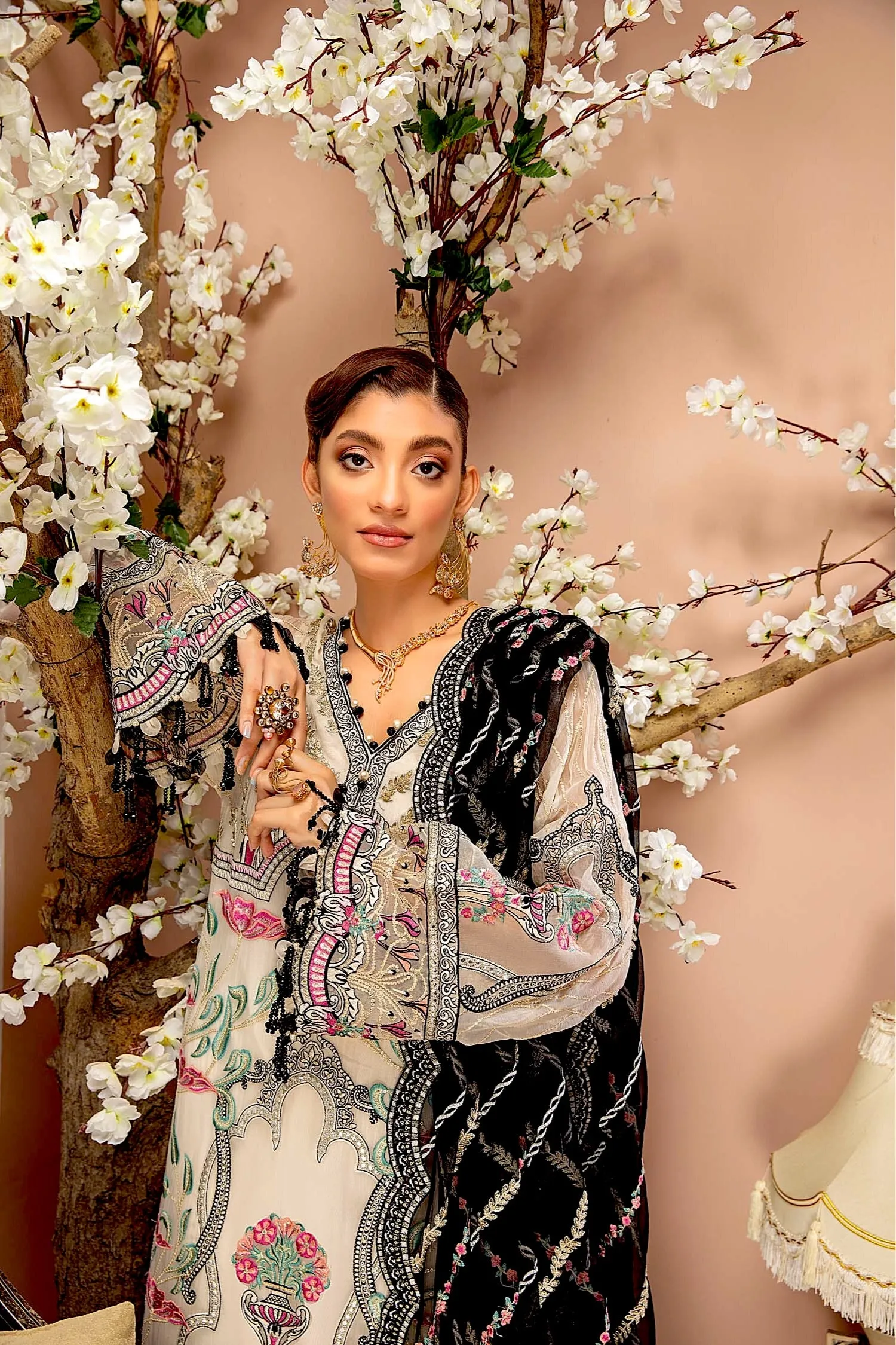 Adan's Libas Luxulia Embroidered Chiffon Collection – Floral White