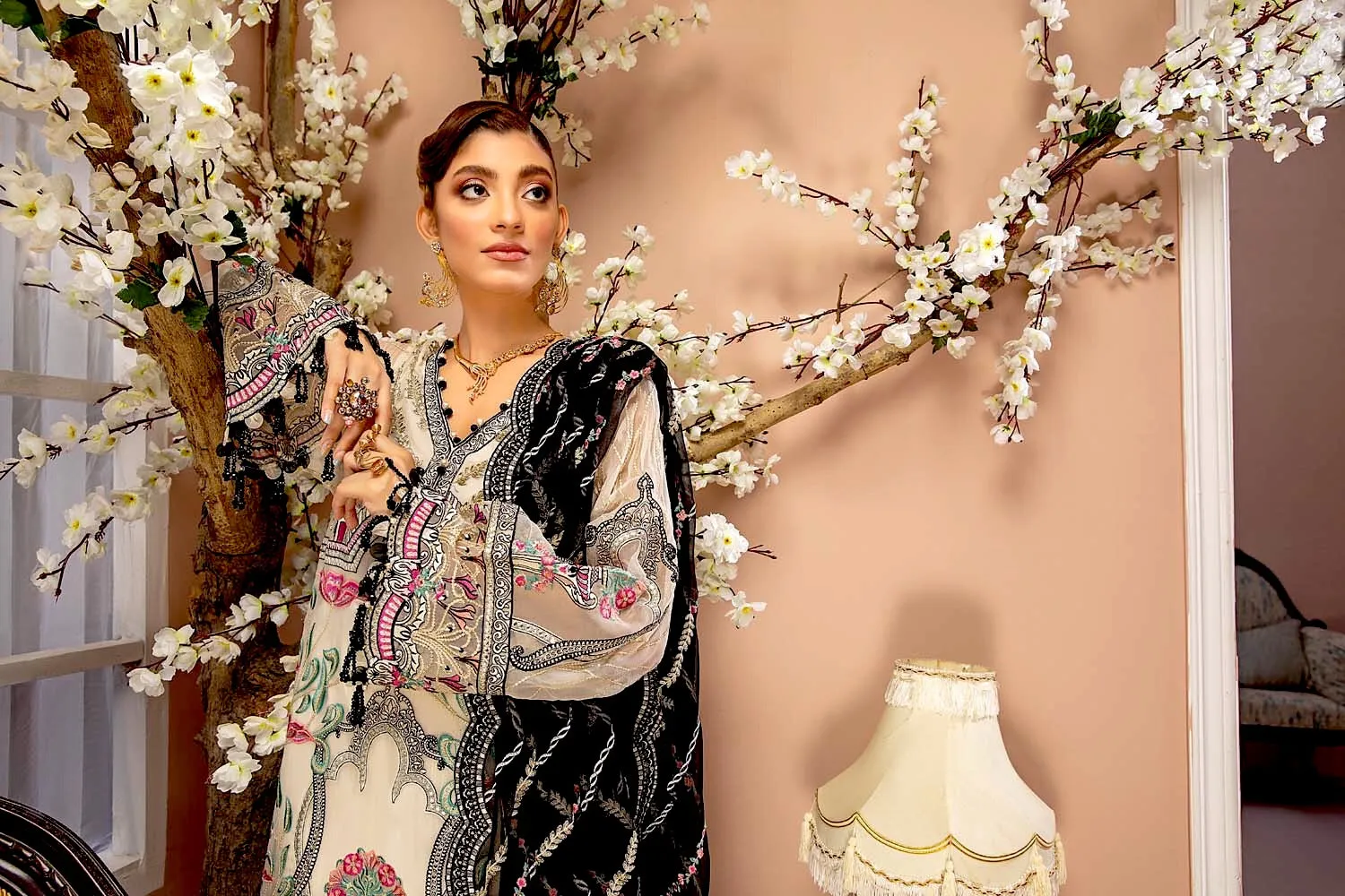 Adan's Libas Luxulia Embroidered Chiffon Collection – Floral White