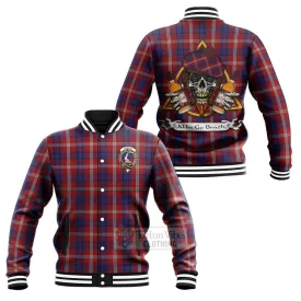 Ainslie Tartan Baseball Jacket with Family Crest and Bearded Skull Holding Bottles of Whiskey