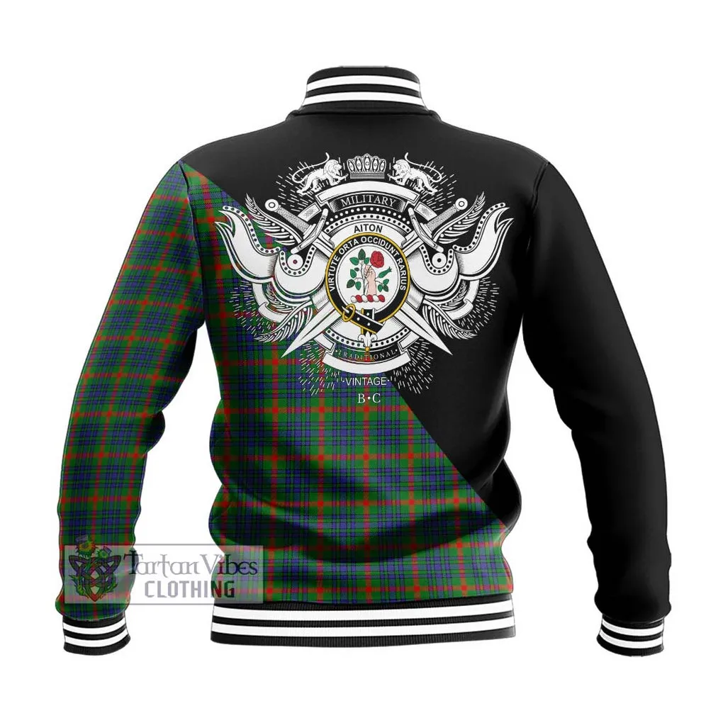 Aiton Tartan Baseball Jacket with Family Crest and Military Logo Style