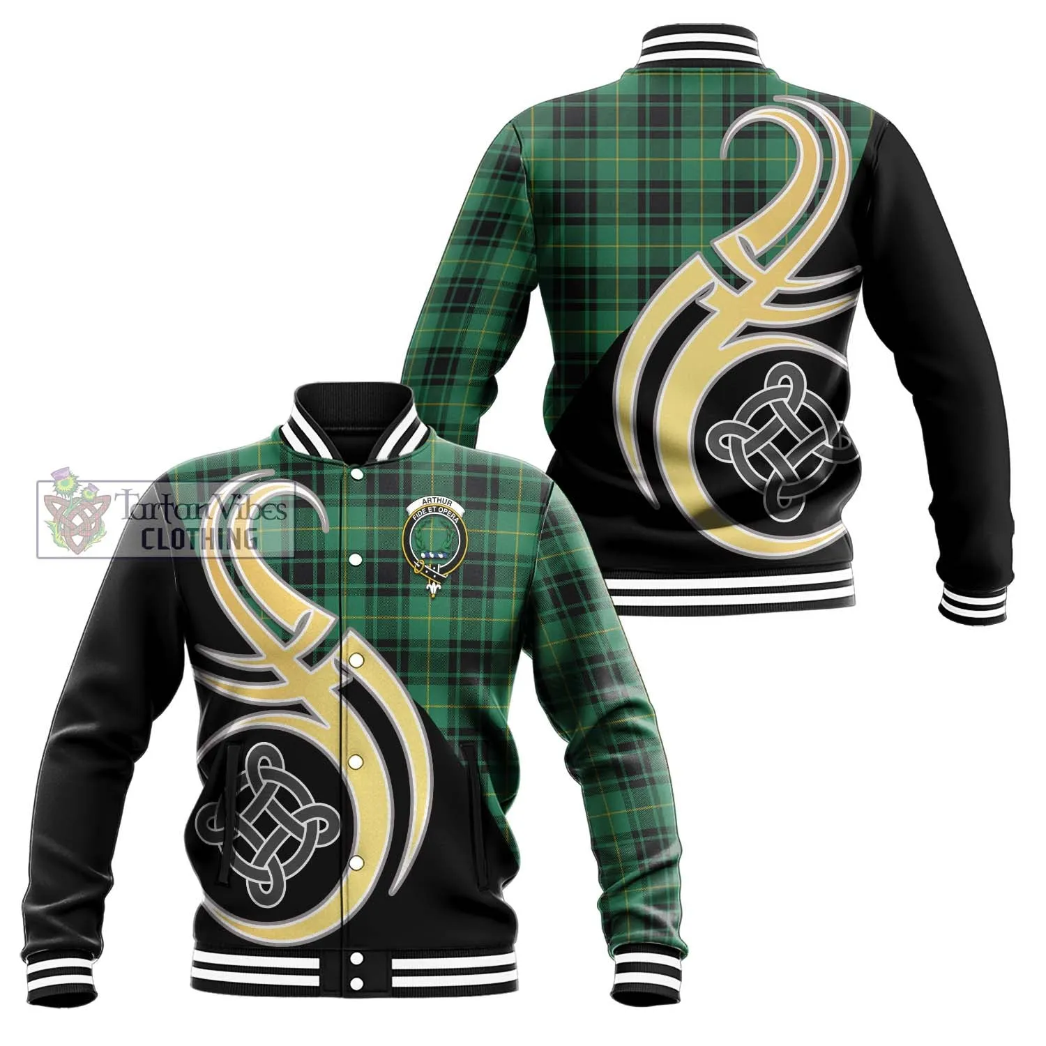 Arthur Ancient Tartan Baseball Jacket with Family Crest and Celtic Symbol Style