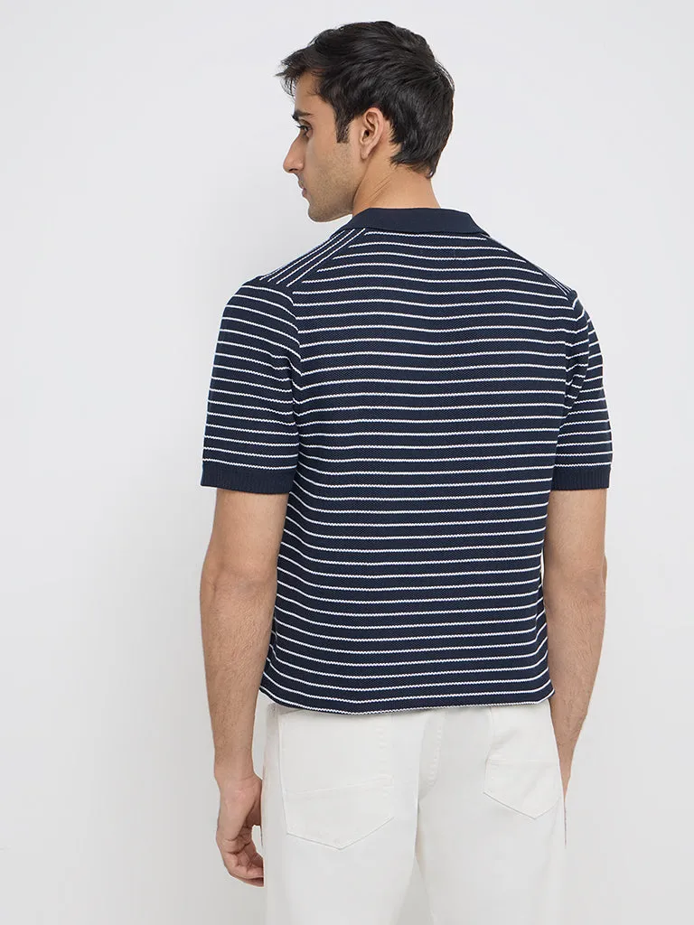 Ascot Navy Stripe Printed Relaxed-Fit Polo T-Shirt