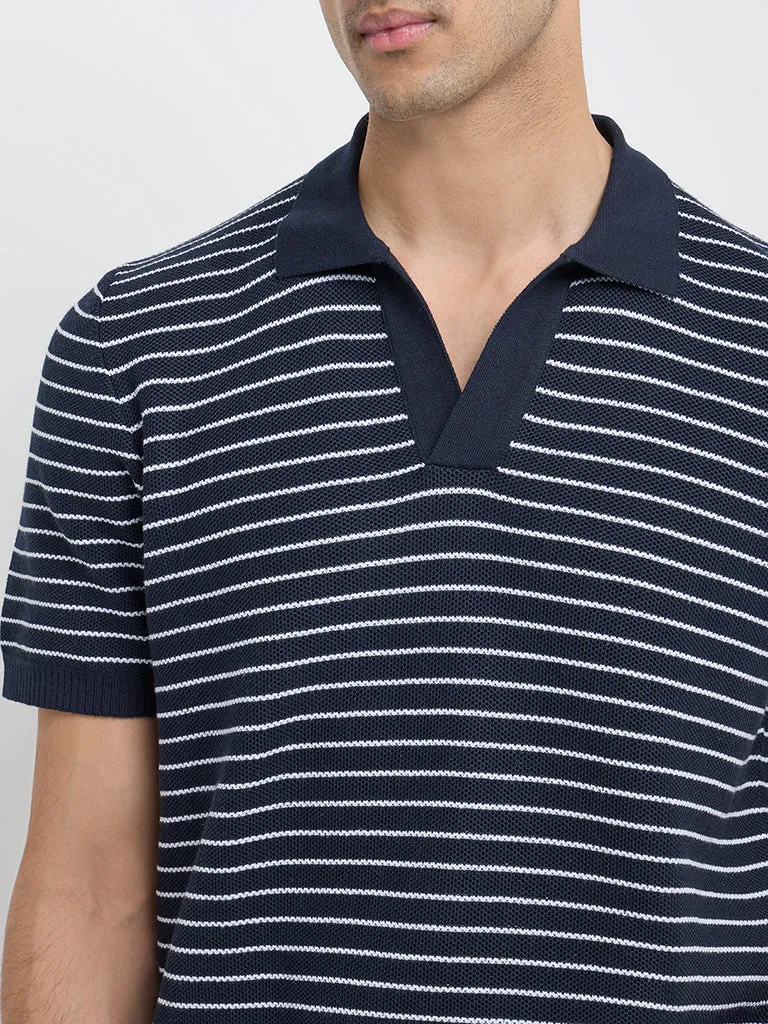 Ascot Navy Stripe Printed Relaxed-Fit Polo T-Shirt