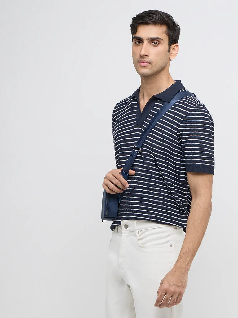 Ascot Navy Stripe Printed Relaxed-Fit Polo T-Shirt