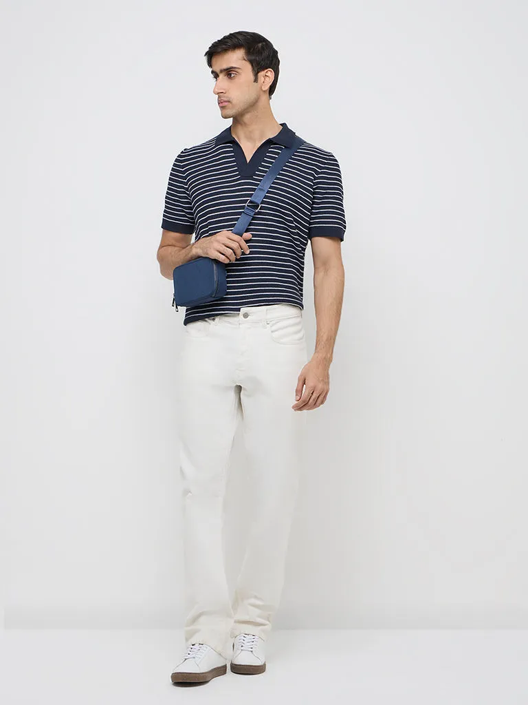 Ascot Navy Stripe Printed Relaxed-Fit Polo T-Shirt