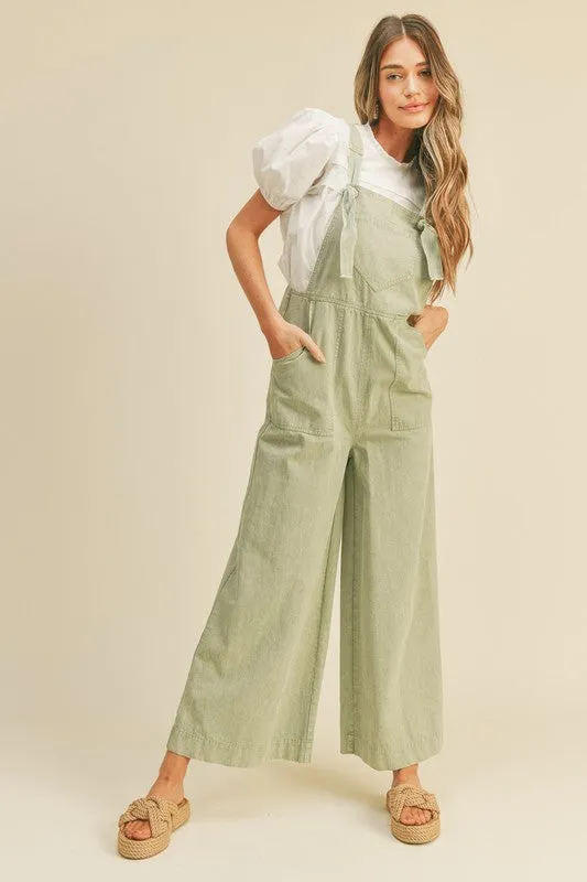 Ash Green Washed Wide Leg Overalls