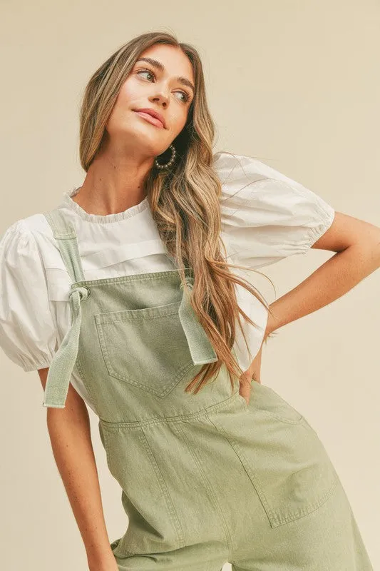 Ash Green Washed Wide Leg Overalls