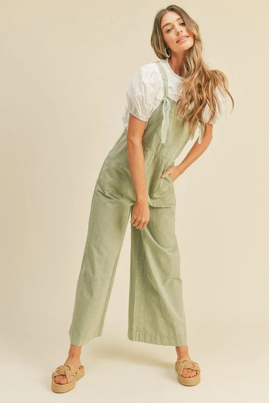 Ash Green Washed Wide Leg Overalls