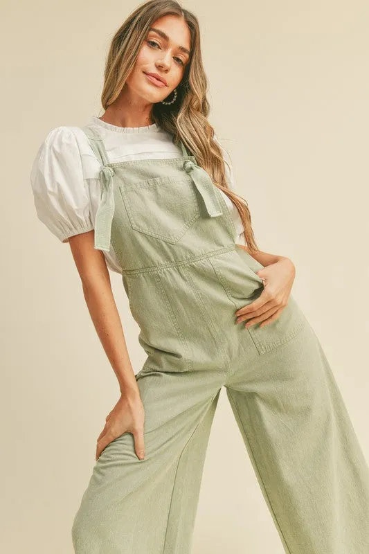 Ash Green Washed Wide Leg Overalls