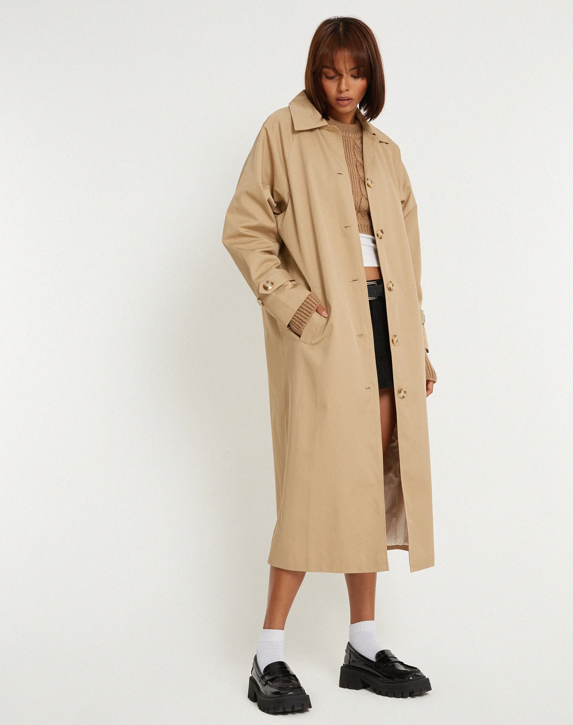 Assa Trench Coat in Tan with Stripe Lining