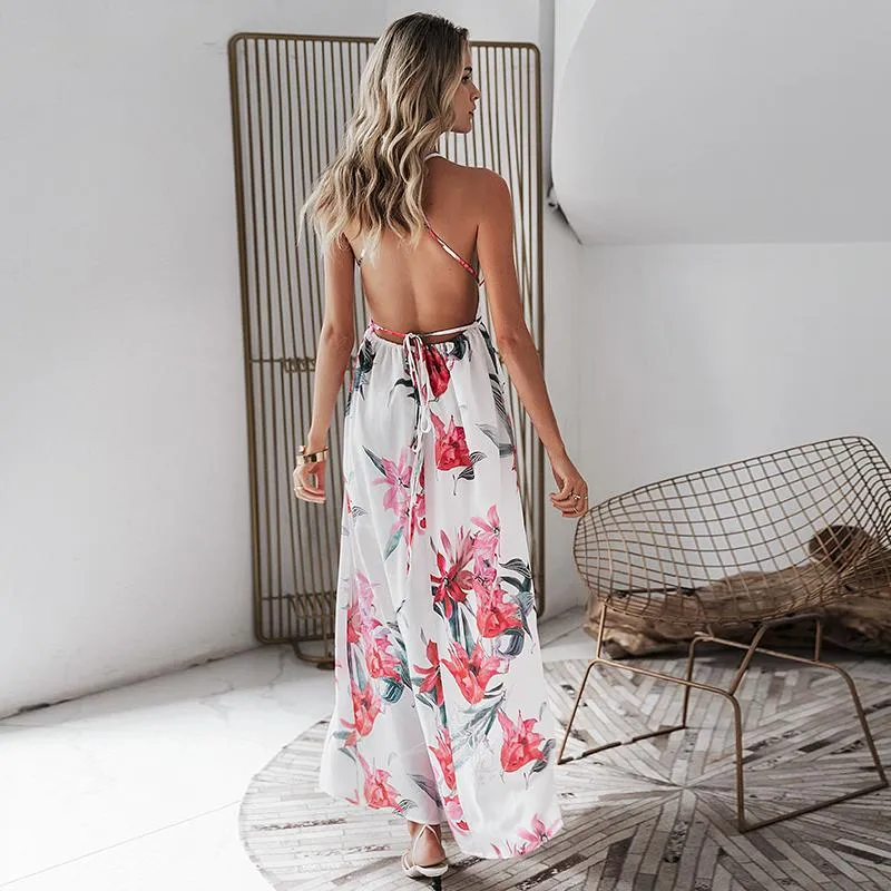 Backless Boho Floral Print Long Dress Chiffon Summer Maxi Dress