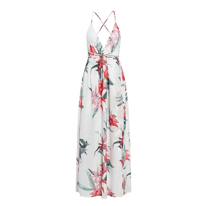 Backless Boho Floral Print Long Dress Chiffon Summer Maxi Dress