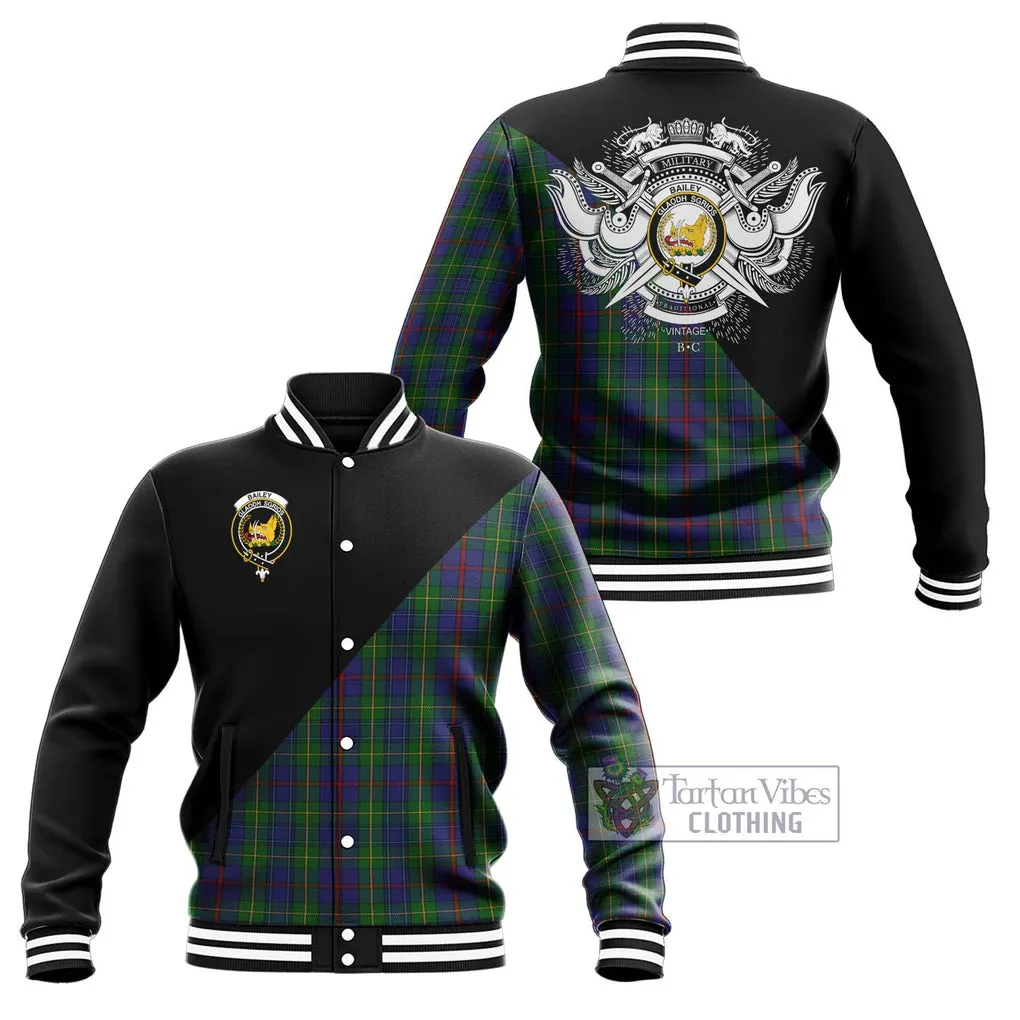 Bailey Tartan Baseball Jacket with Family Crest and Military Logo Style