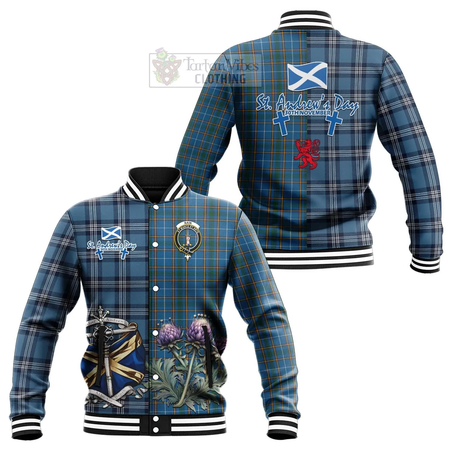 Bain Tartan Baseball Jacket Happy St. Andrew's Day Half Tartan Style