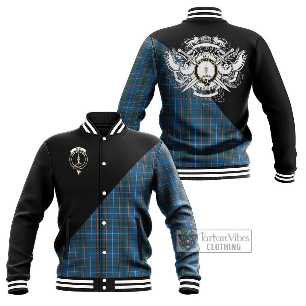 Bain Tartan Baseball Jacket with Family Crest and Military Logo Style