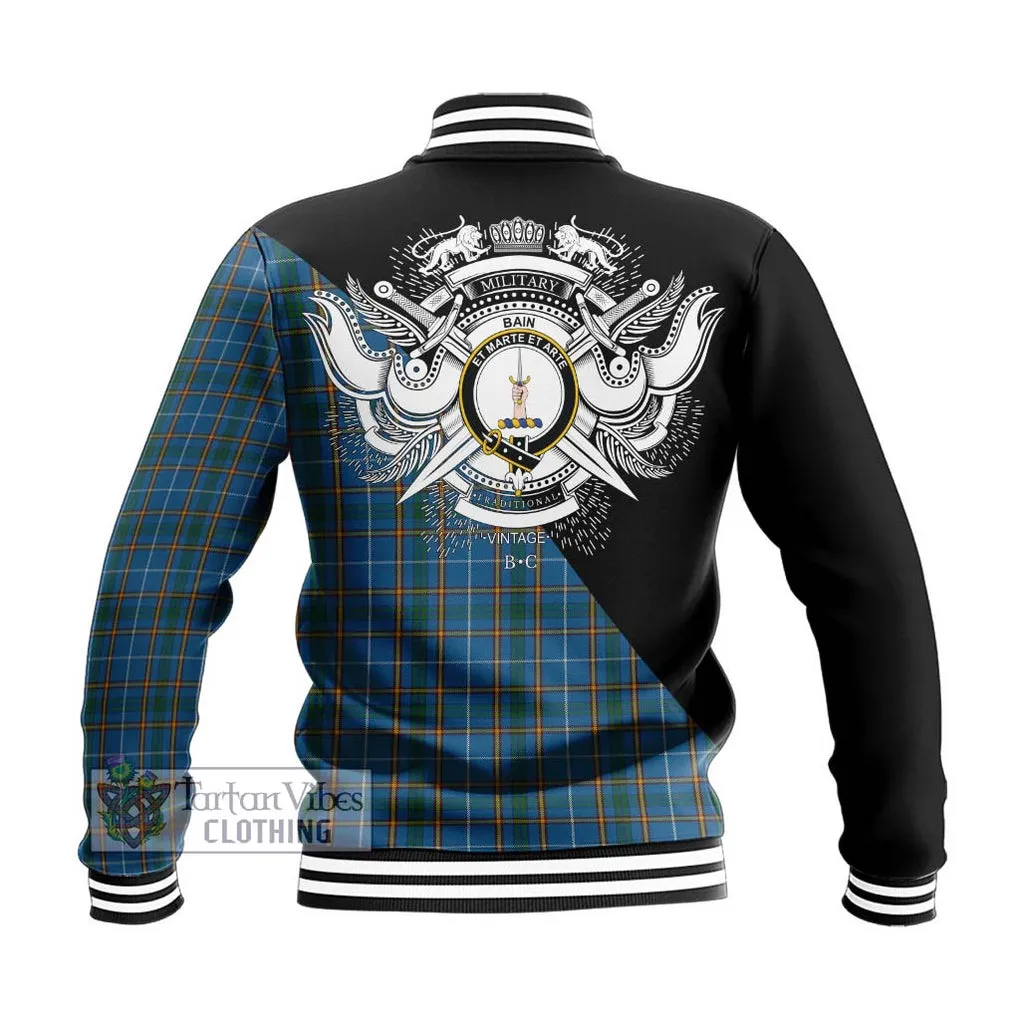 Bain Tartan Baseball Jacket with Family Crest and Military Logo Style