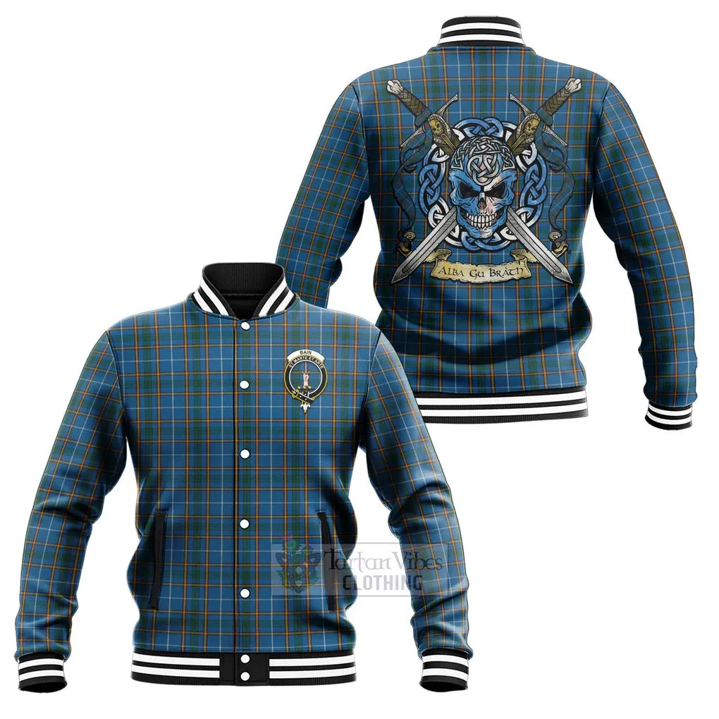 Bain Tartan Baseball Jacket with Family Crest Celtic Skull Style