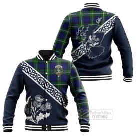 Bannerman Tartan Baseball Jacket Featuring Thistle and Scotland Map