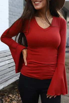 Basic V Neck Flounce Sleeve Knit Top