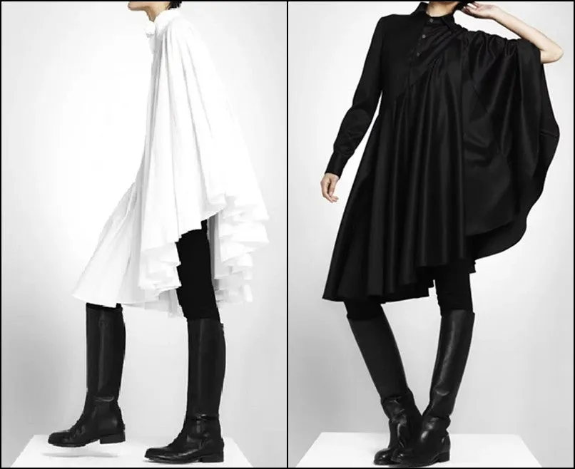 Bat Sleeve Loose Fit Cape-Style Blouse Shirt Asymmetrical pleated Skirt Dress Tunic