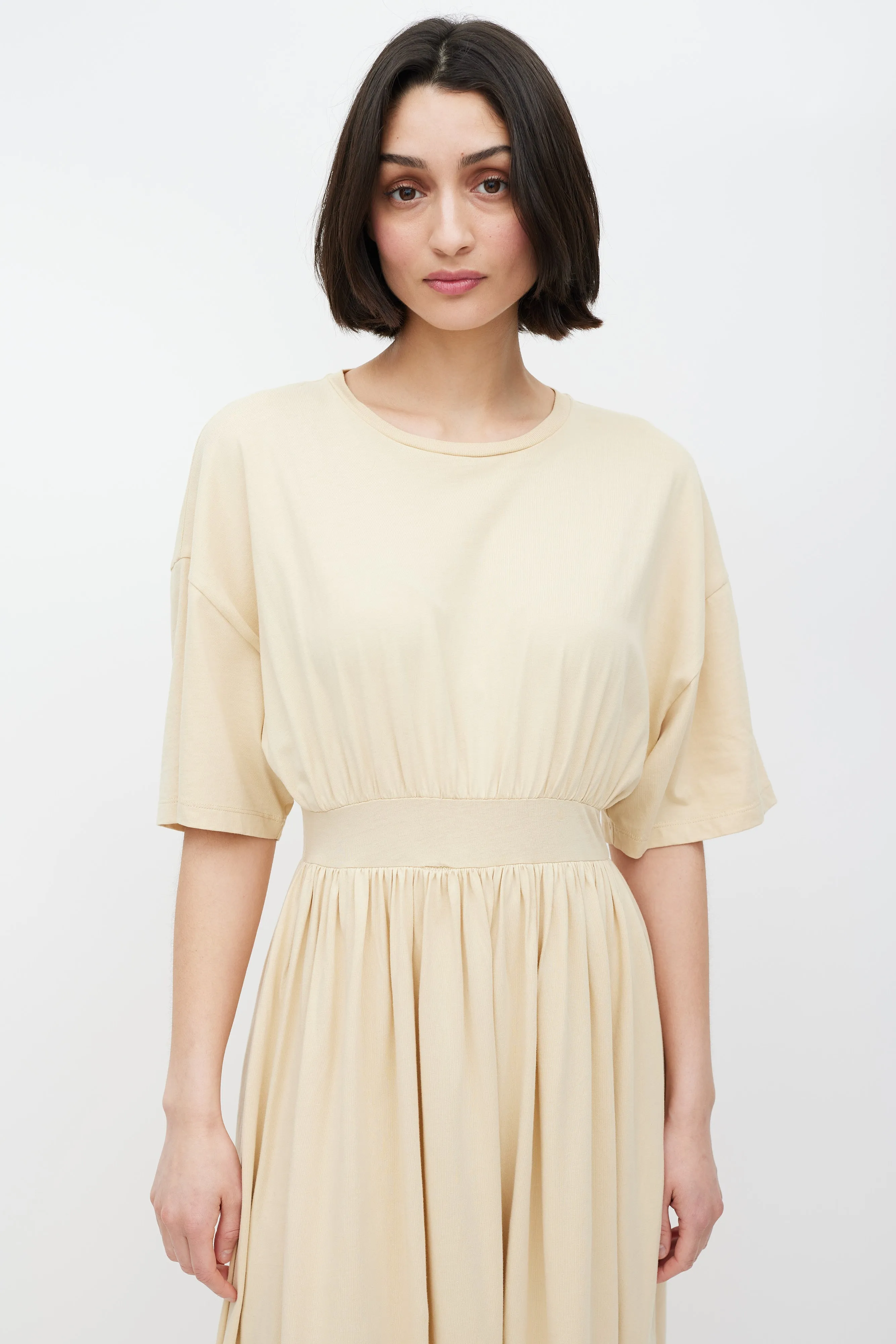 Beige Cotton Gathered T-Shirt Dress