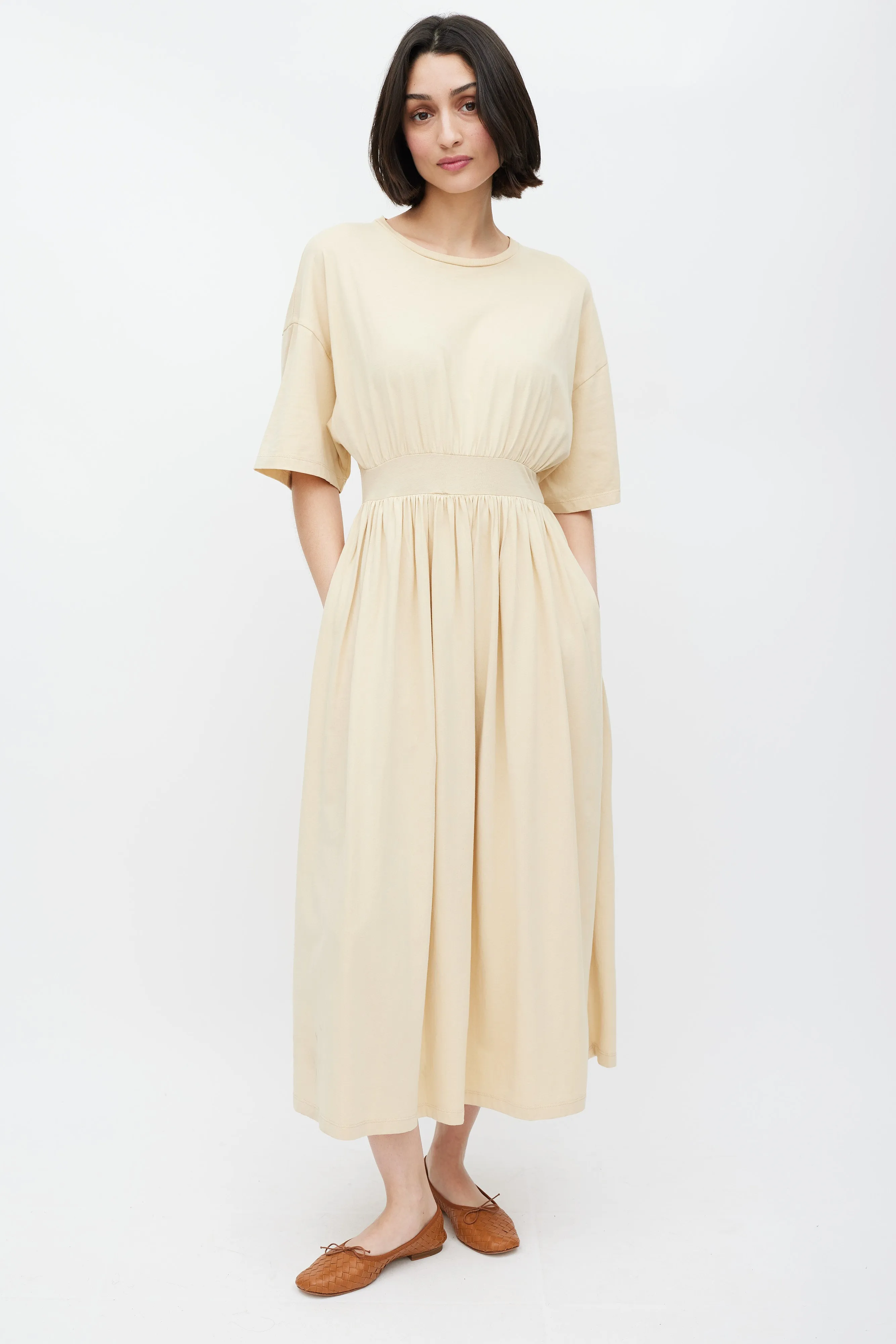 Beige Cotton Gathered T-Shirt Dress