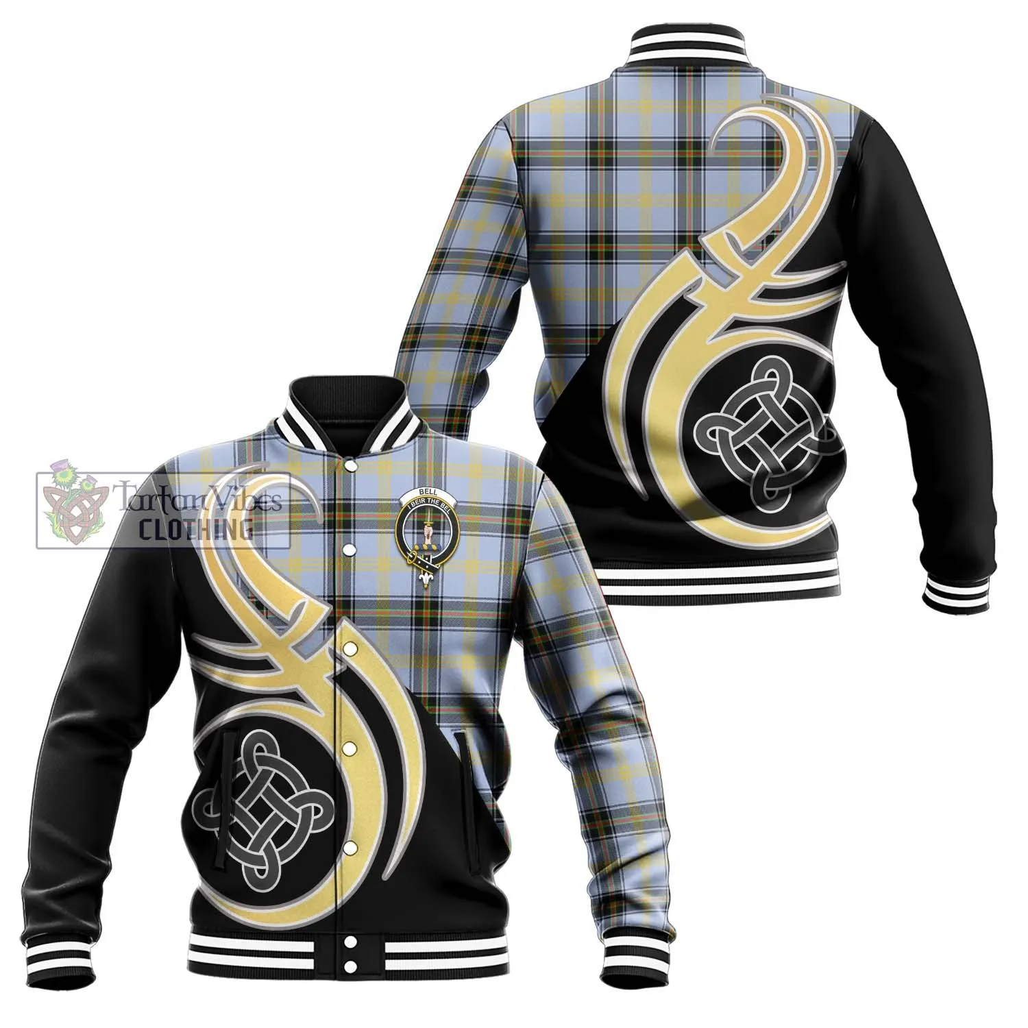 Bell Tartan Baseball Jacket with Family Crest and Celtic Symbol Style