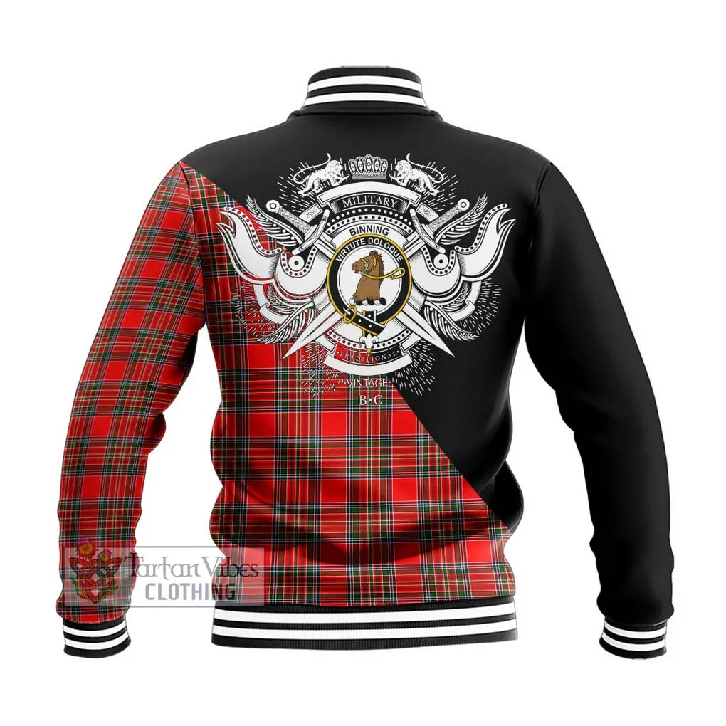 Binning Tartan Baseball Jacket with Family Crest and Military Logo Style