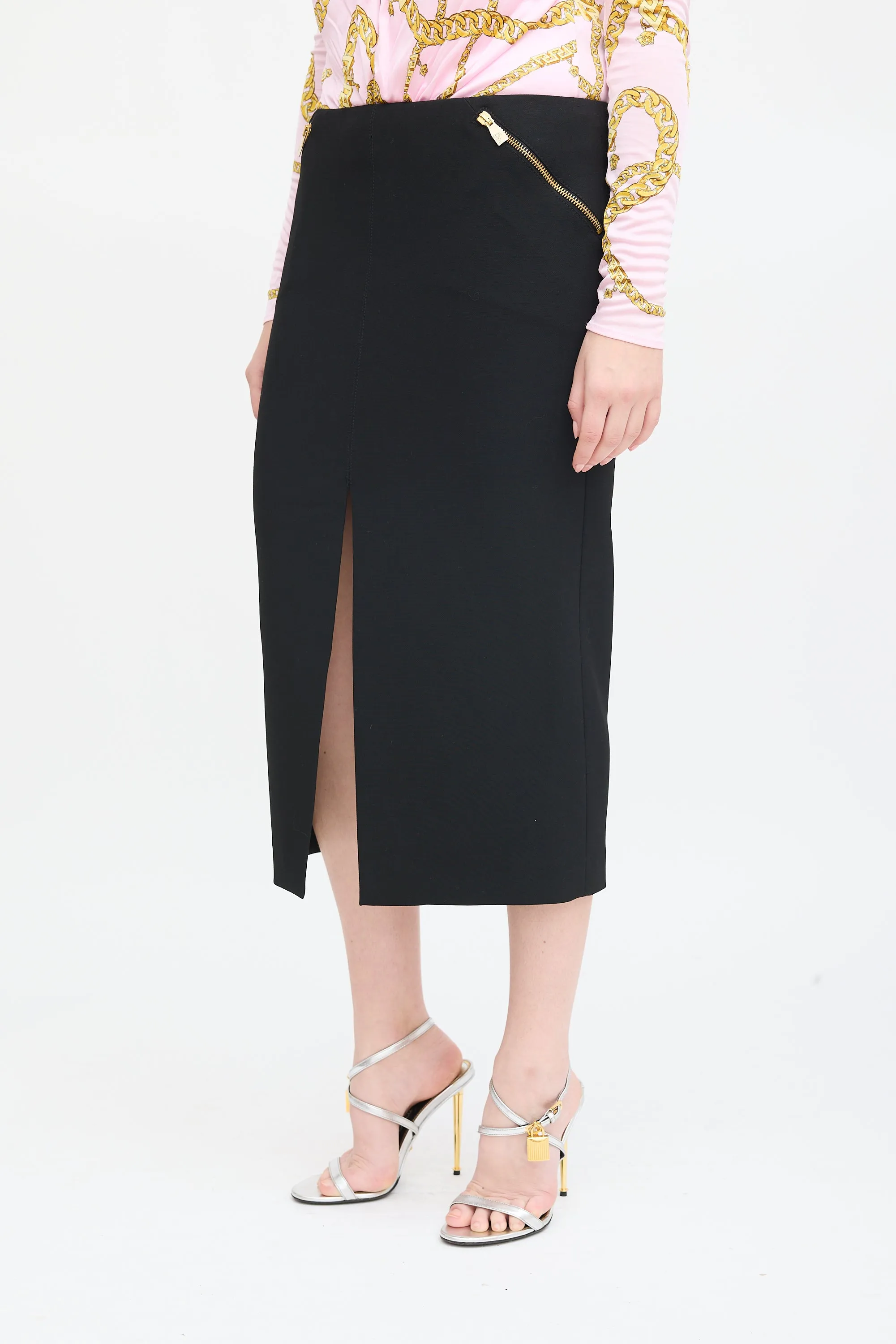 Black Front Slit Midi Pencil Skirt