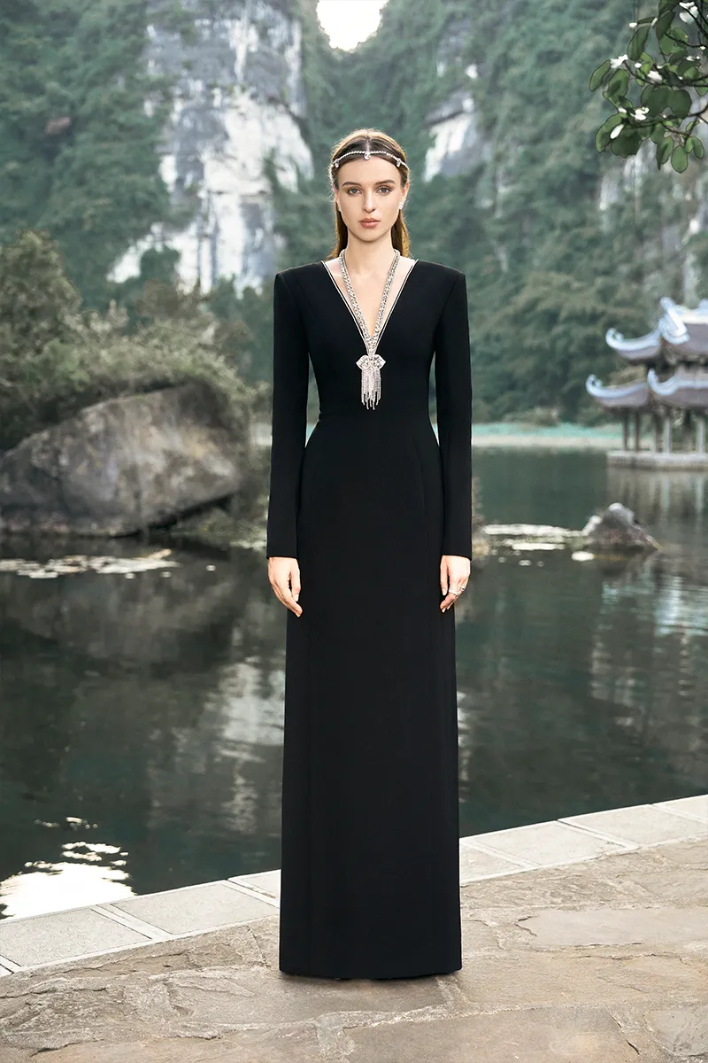 BLACK LONG SLEEVE BACK SLIT GOWN