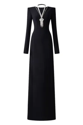 BLACK LONG SLEEVE BACK SLIT GOWN