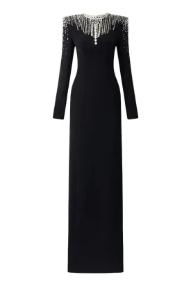 BLACK LONG SLEEVE OPEN BACK GOWN