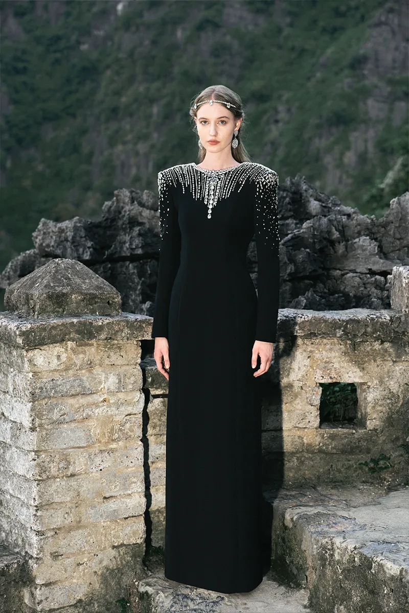 BLACK LONG SLEEVE OPEN BACK GOWN