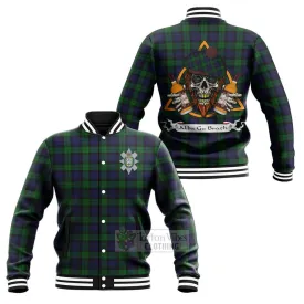 Black Watch Tartan Baseball Jacket with Family Crest and Bearded Skull Holding Bottles of Whiskey