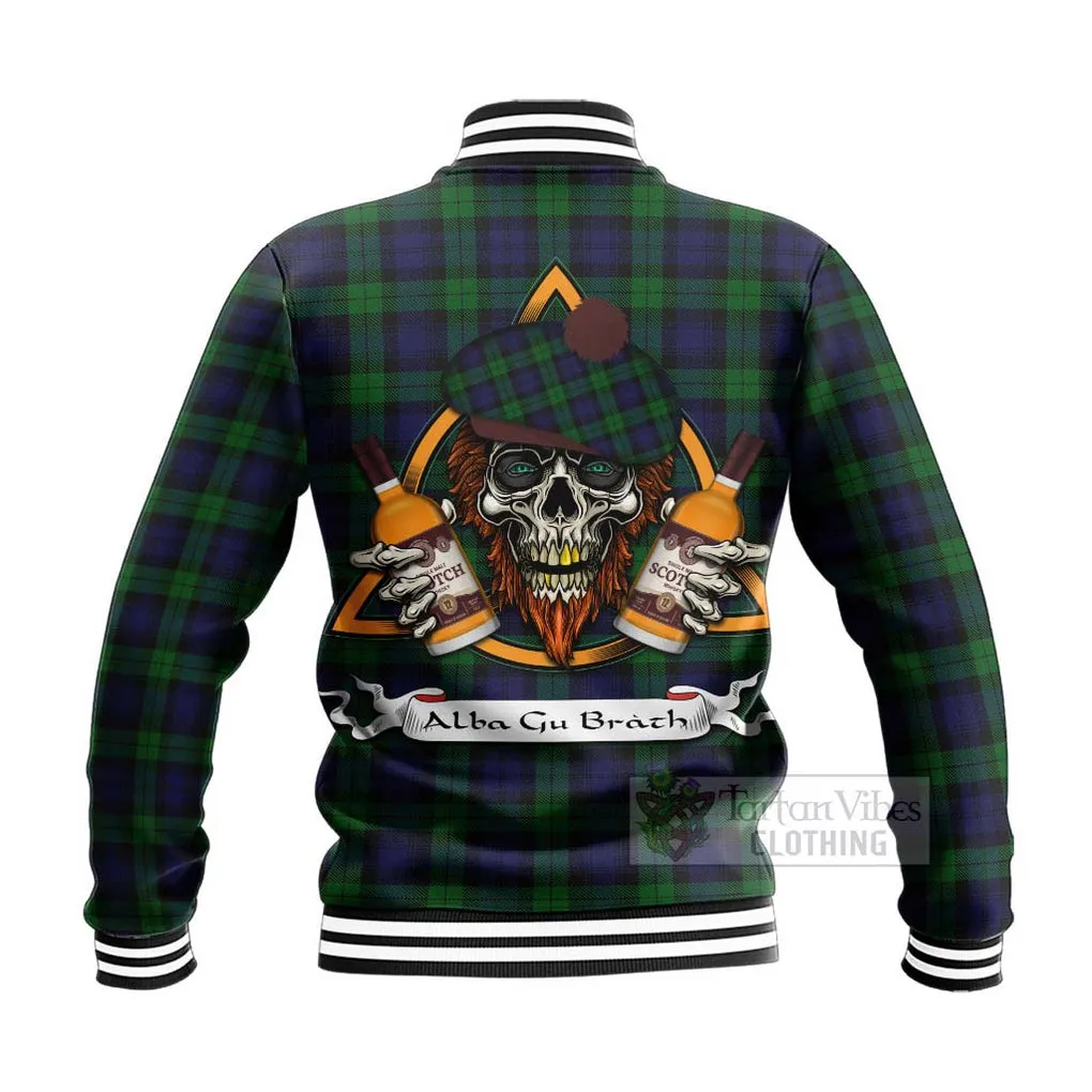 Black Watch Tartan Baseball Jacket with Family Crest and Bearded Skull Holding Bottles of Whiskey