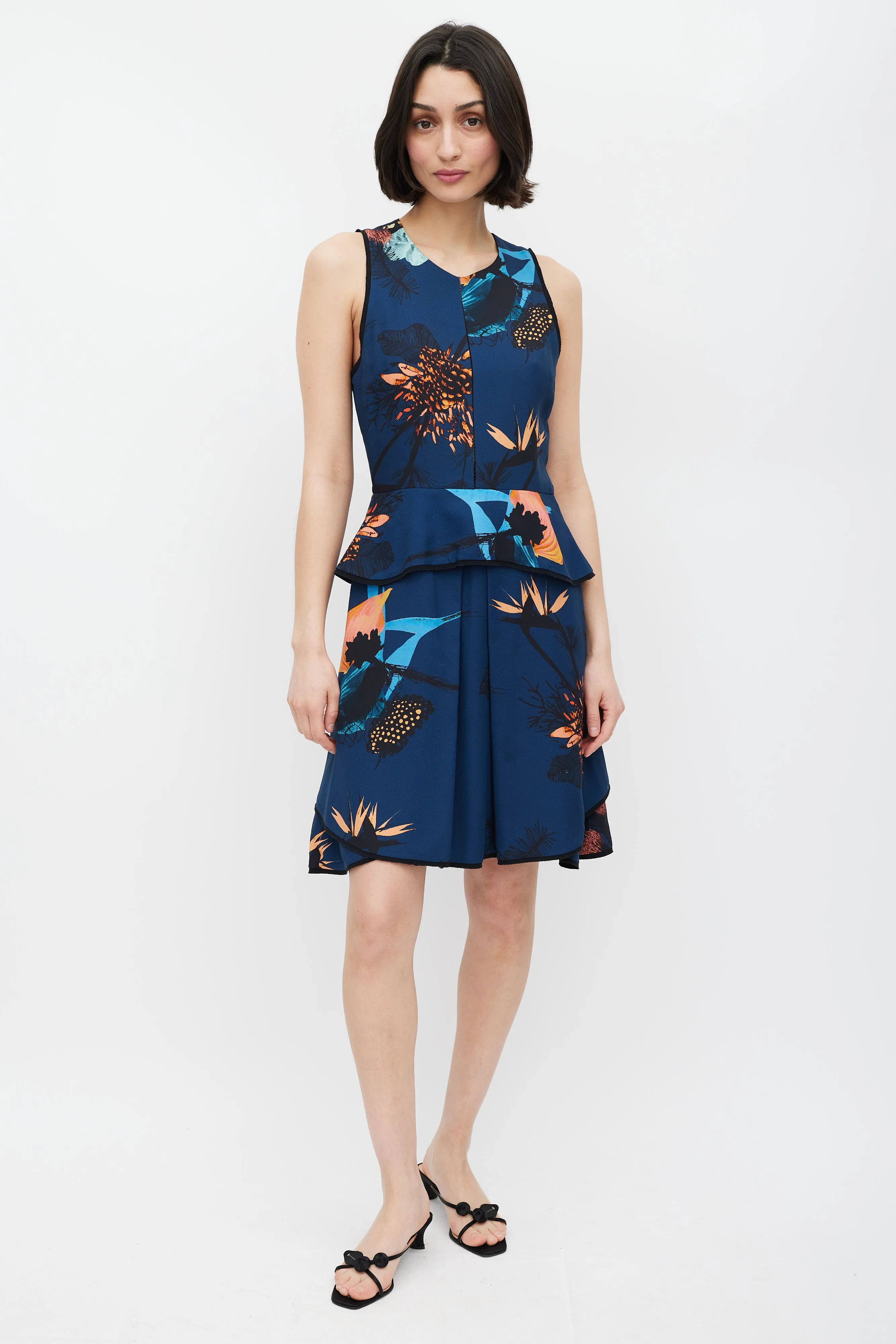 Blue Floral Print Peplum Dress