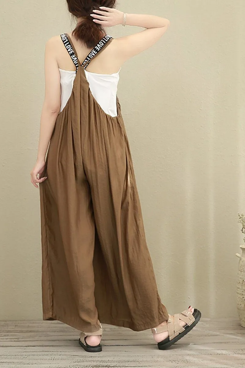 Brown Wide Leg Loose Silk Overalls Women Clothes