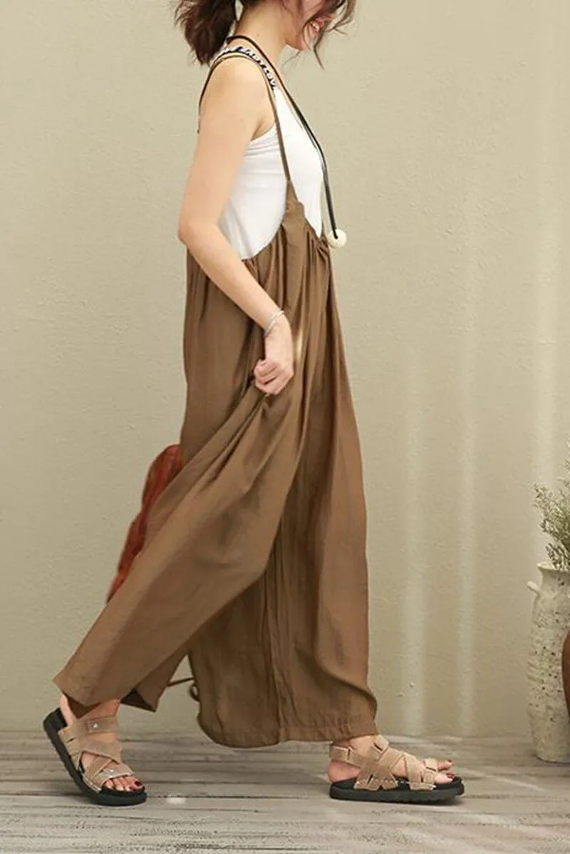 Brown Wide Leg Loose Silk Overalls Women Clothes