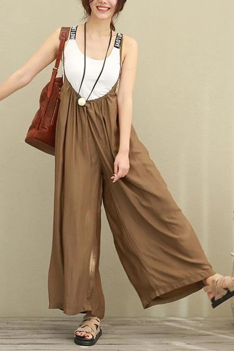 Brown Wide Leg Loose Silk Overalls Women Clothes