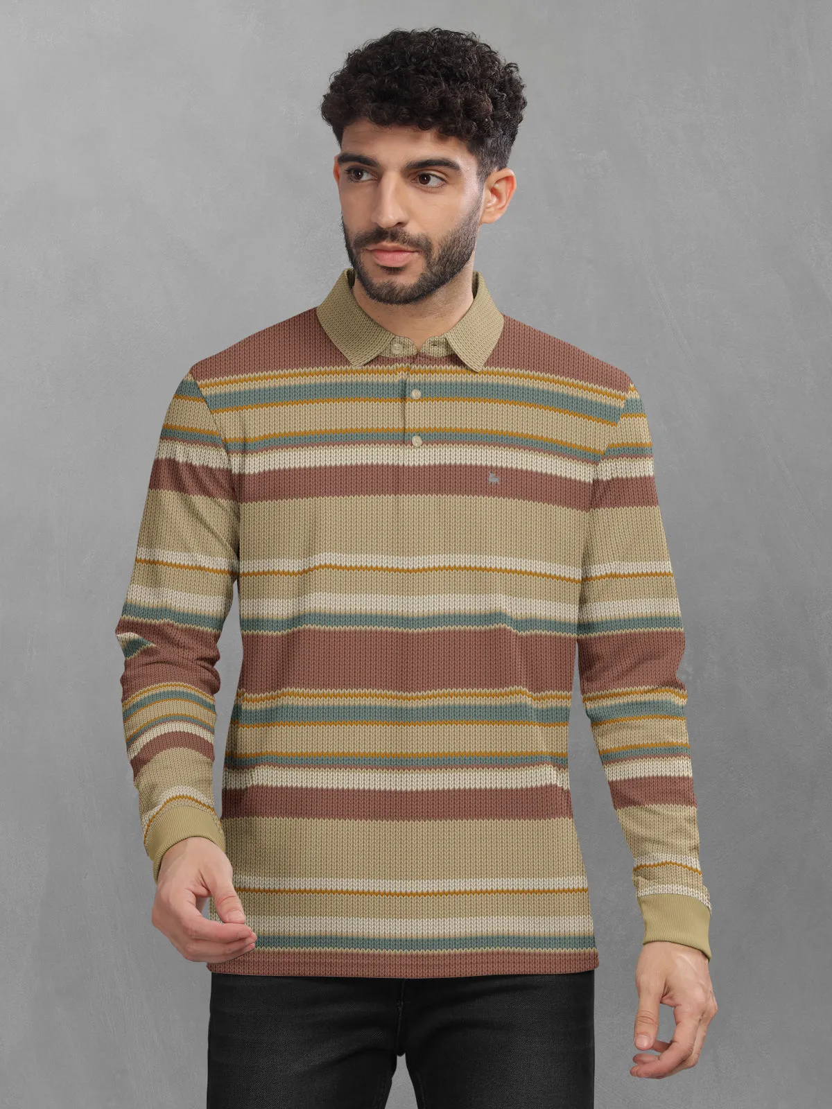 BULLMER Khaki Striped Textured Printed Polo Neck FullSleeve T-shirt With Rib For Men