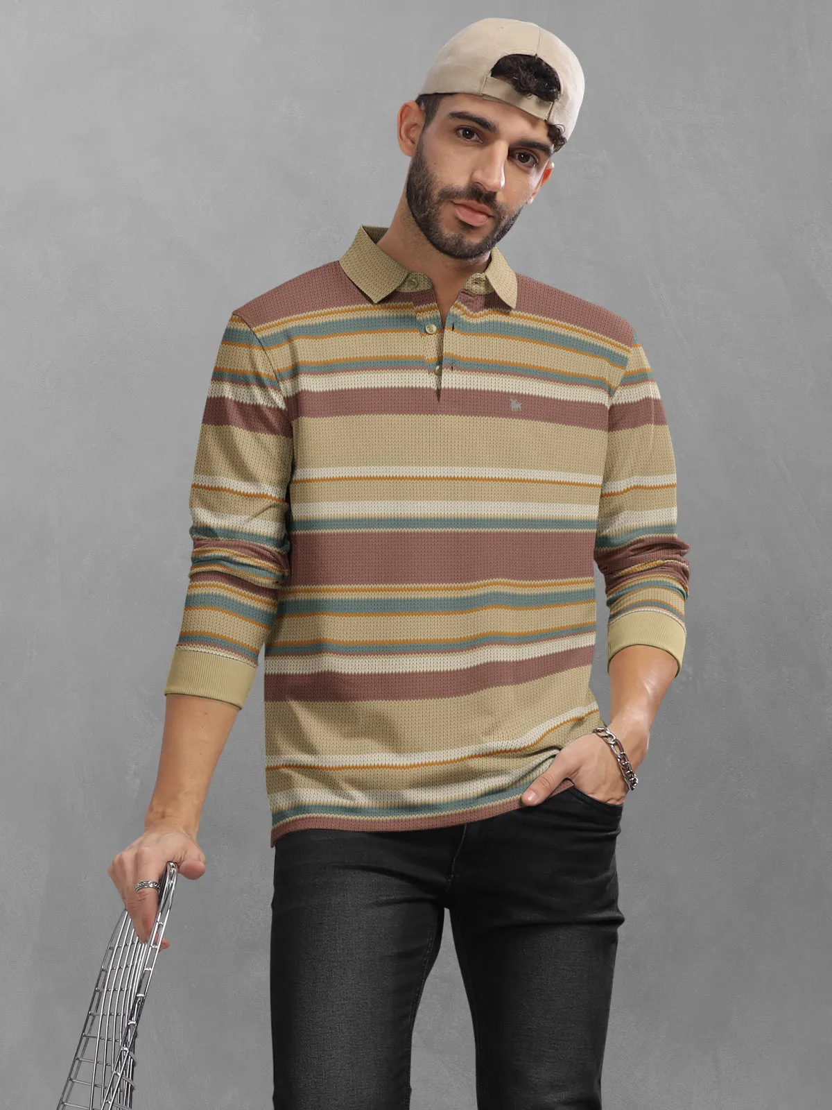 BULLMER Khaki Striped Textured Printed Polo Neck FullSleeve T-shirt With Rib For Men