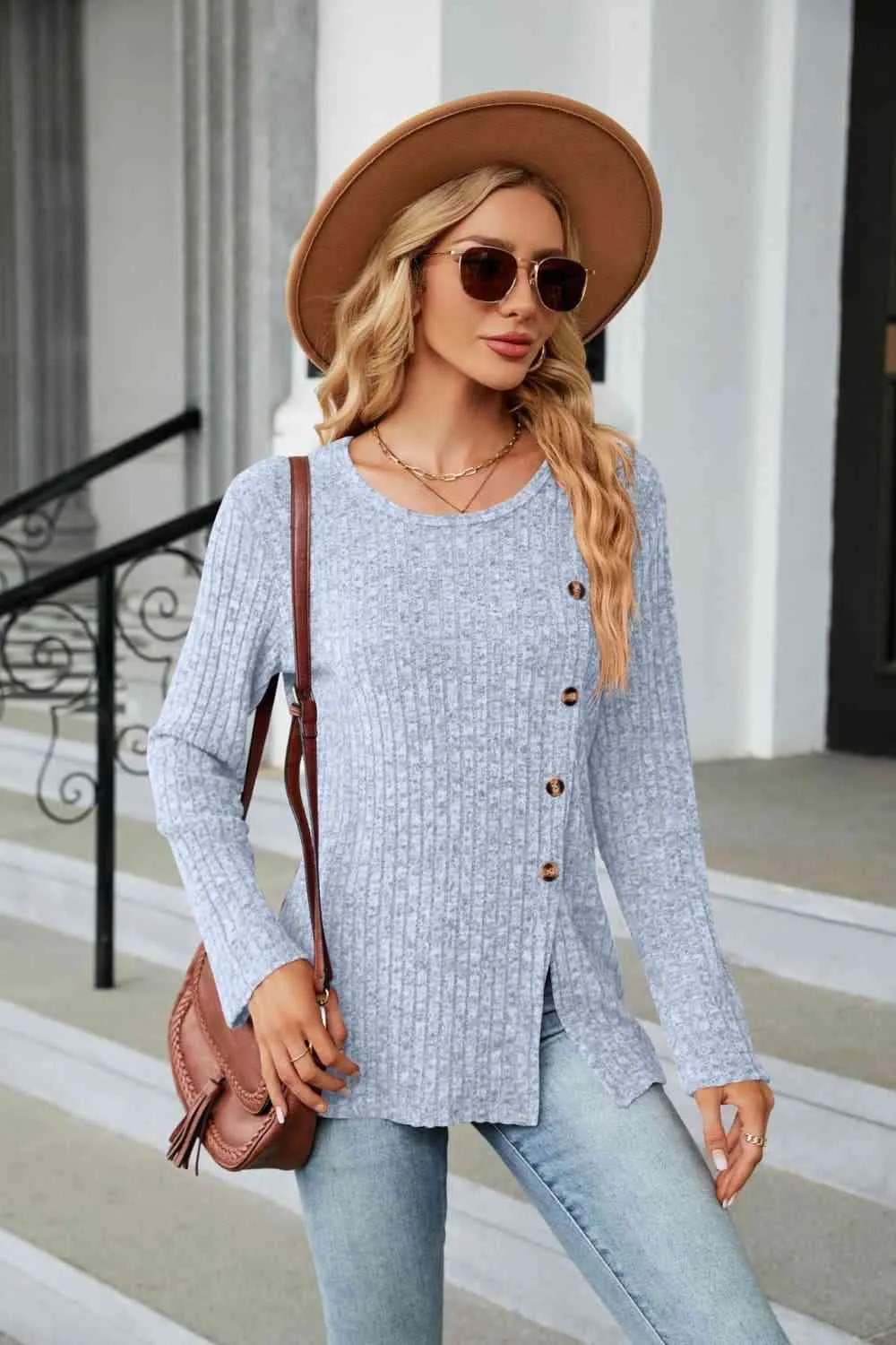 Buttoned Long Sleeve Slit Top