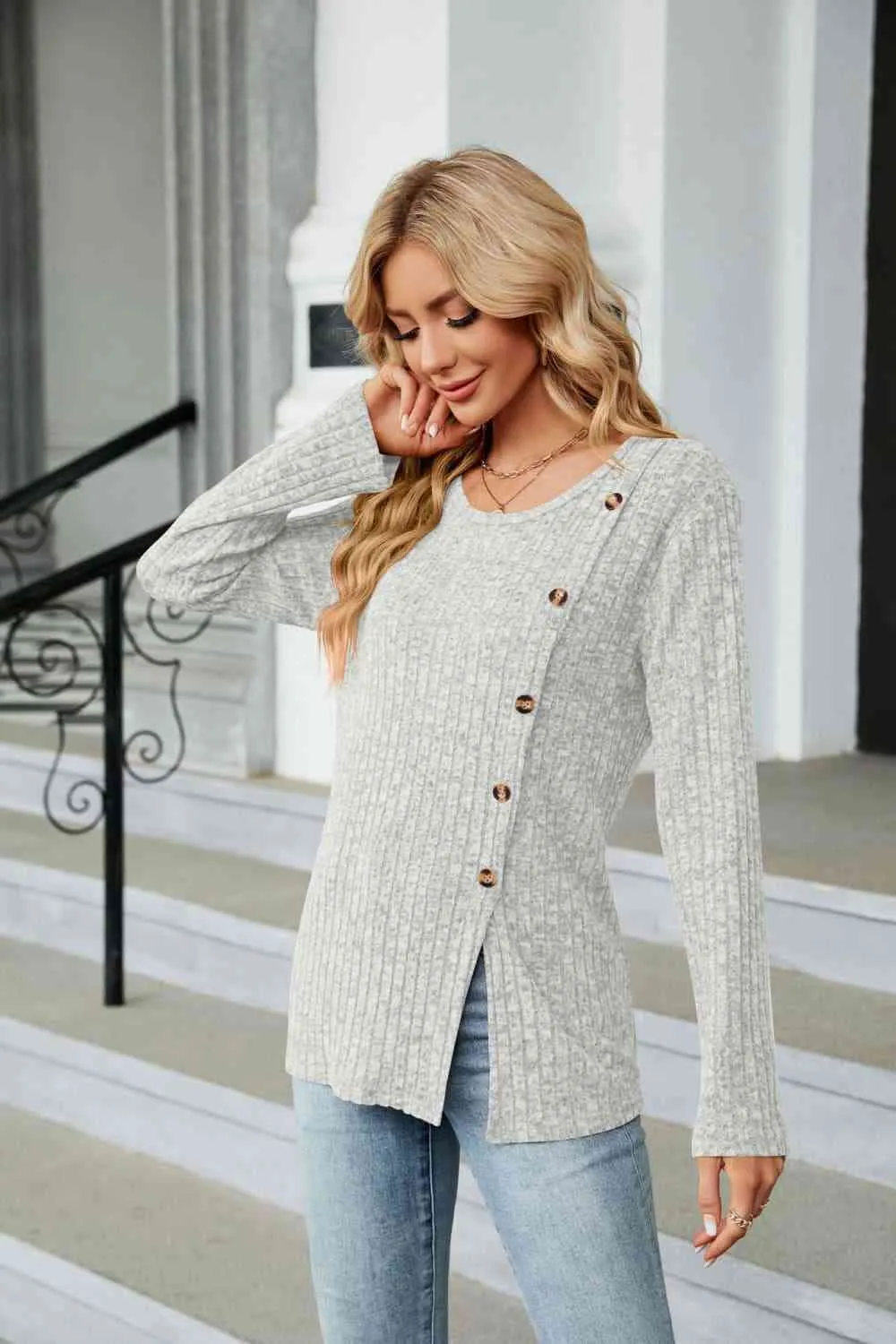 Buttoned Long Sleeve Slit Top