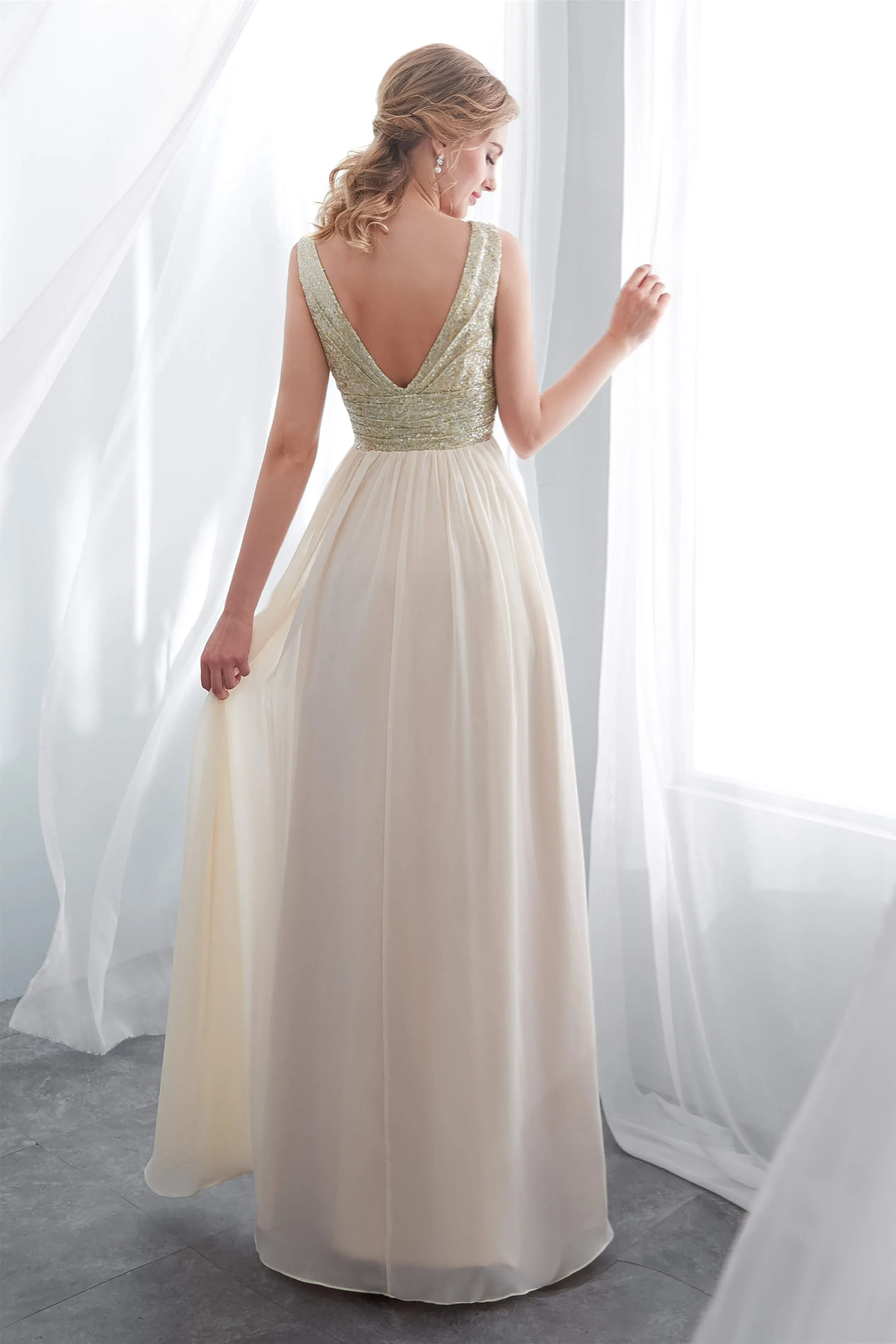 Champagne Chiffon Backless Long Prom Dresses with Sequins