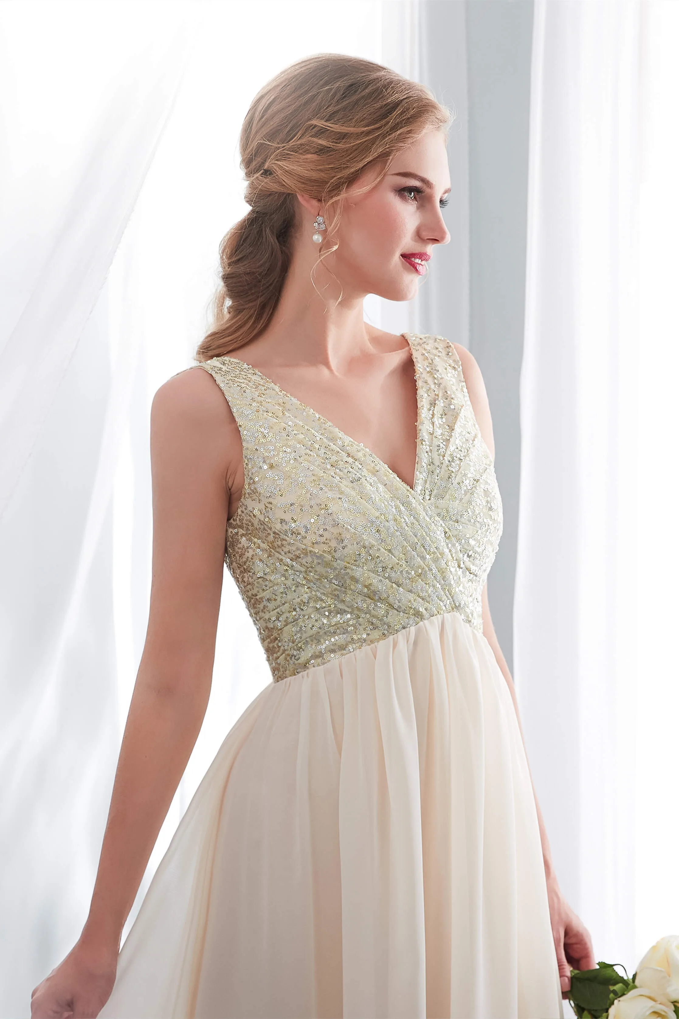 Champagne Chiffon Backless Long Prom Dresses with Sequins