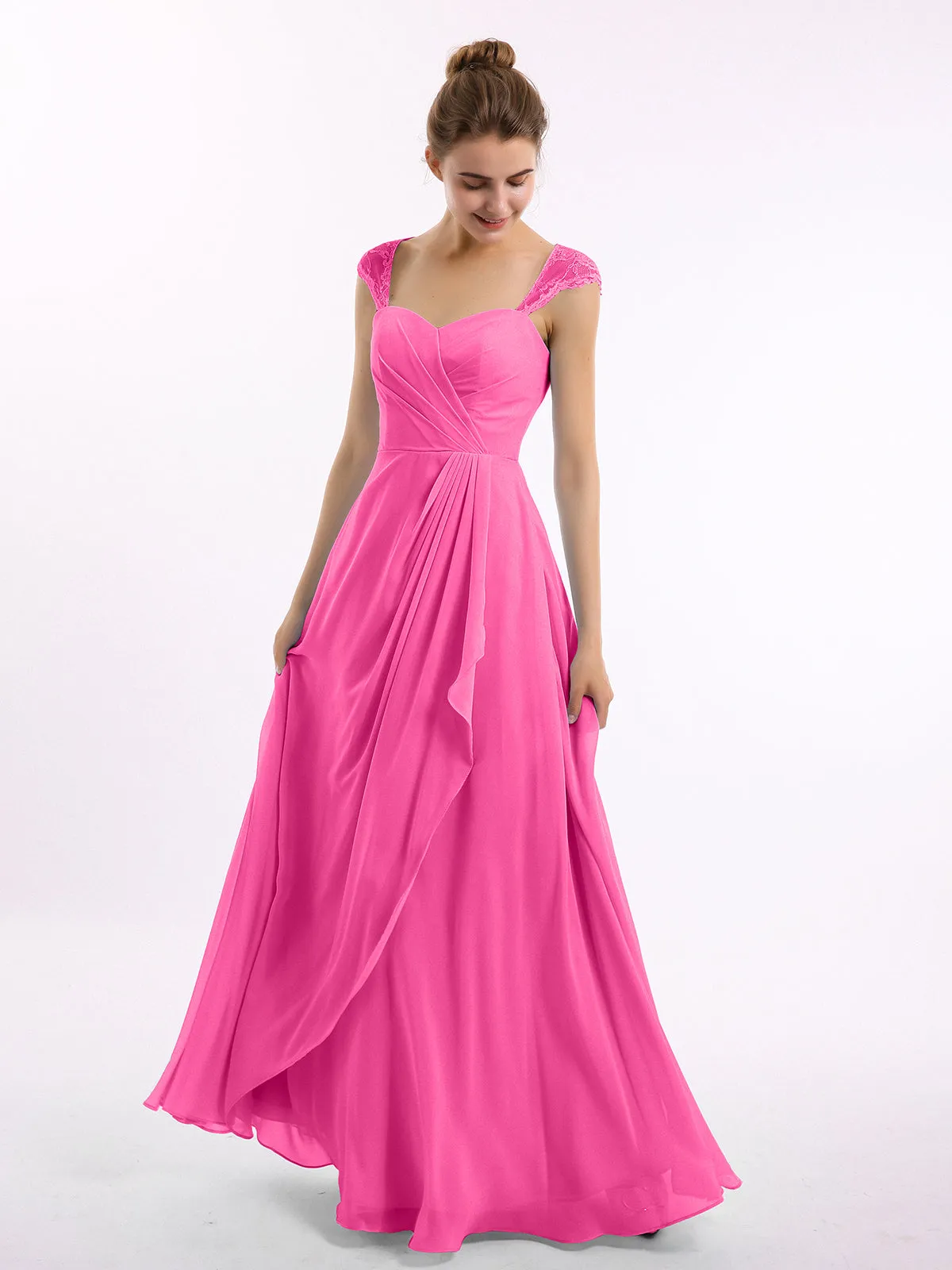 Chiffon Bridesmaid Dresses with Lace Cap Sleeves-Azalea