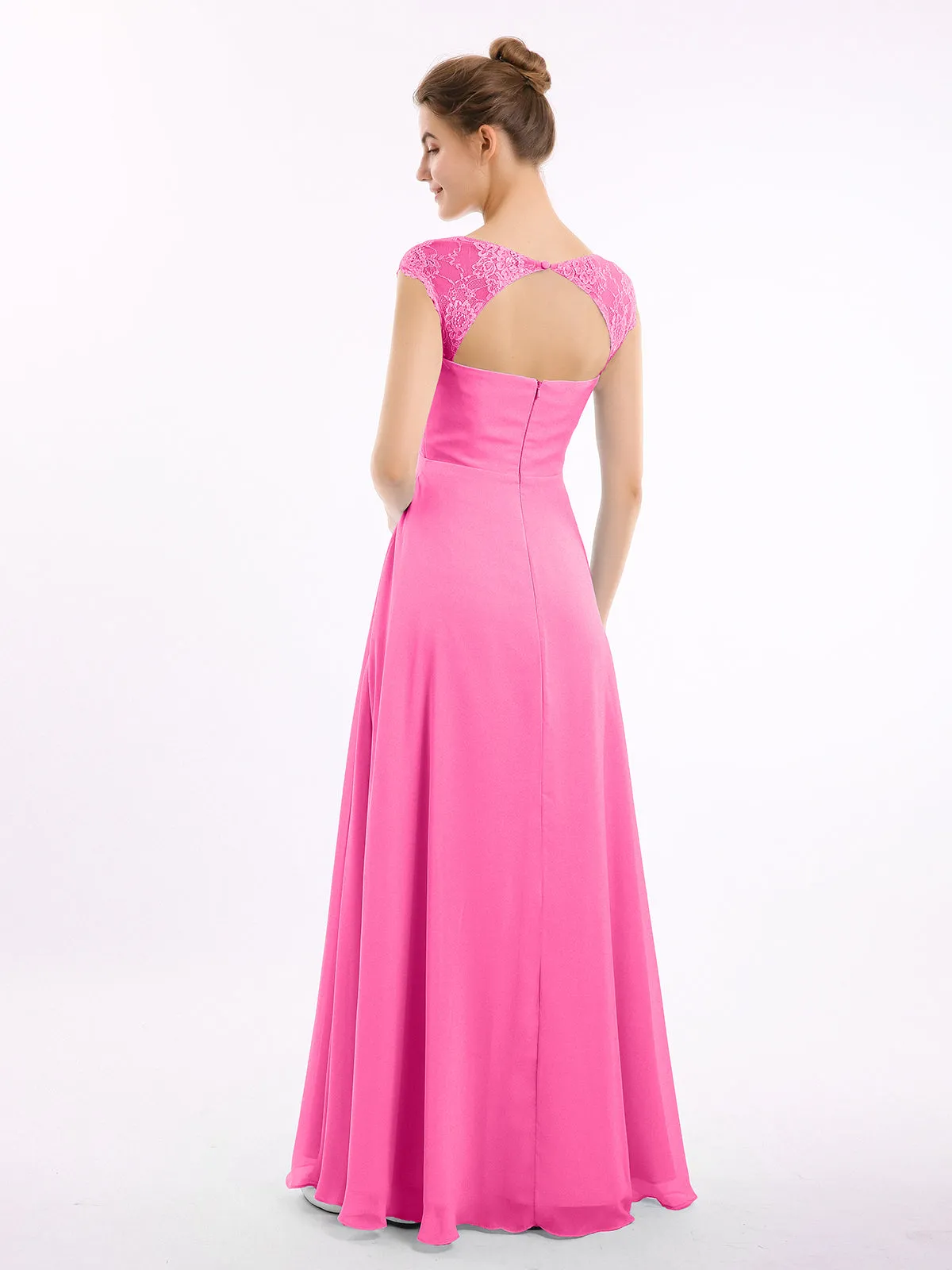 Chiffon Bridesmaid Dresses with Lace Cap Sleeves-Azalea