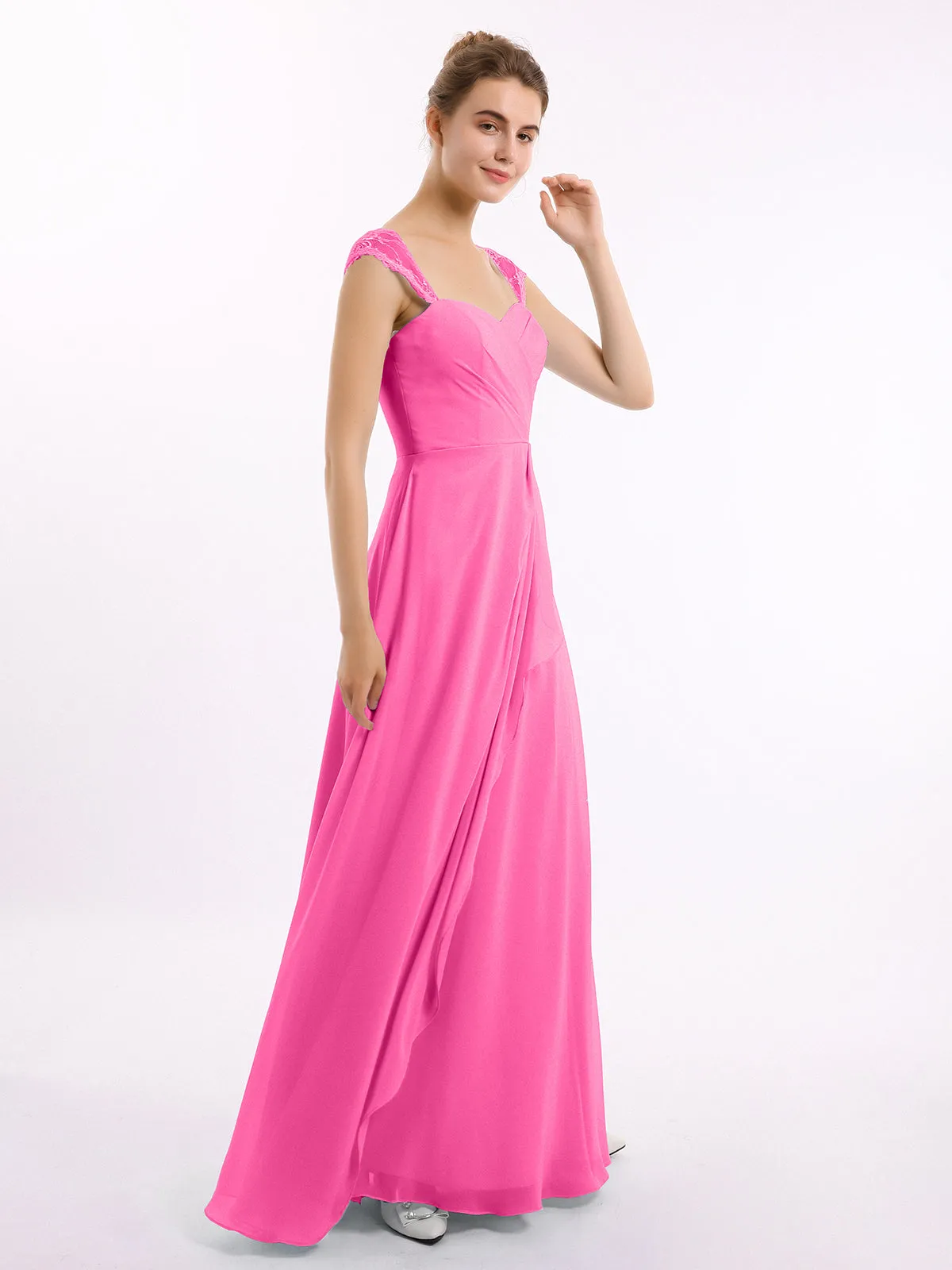 Chiffon Bridesmaid Dresses with Lace Cap Sleeves-Azalea