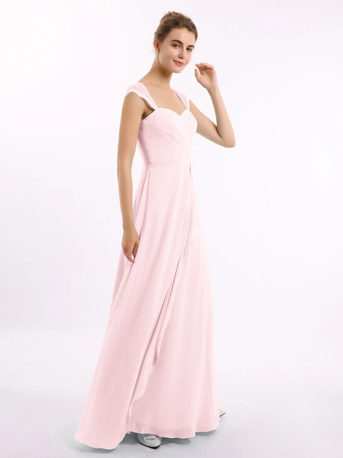 Chiffon Bridesmaid Dresses with Lace Cap Sleeves-Blushing Pink Plus Size